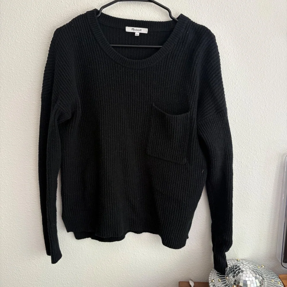 Madewell Womens Ribbed Pocket Sweater Black Crew Neck Cotton Blend Size S - Picture 4 of 8